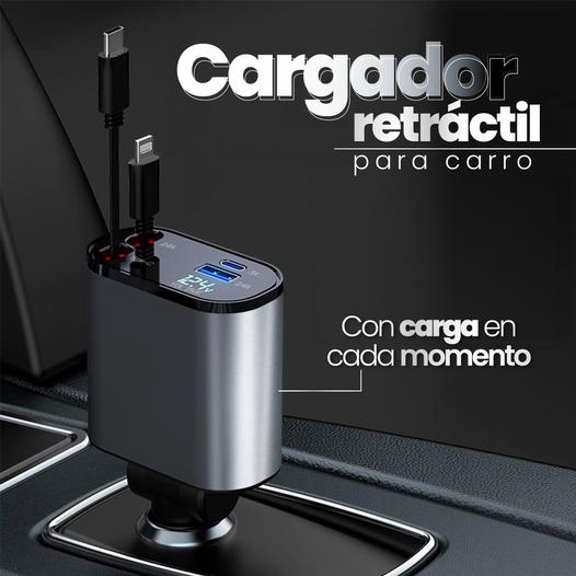 Cargador Retractil para Carro 4 en 1 - Organiza y carga en un solo paso